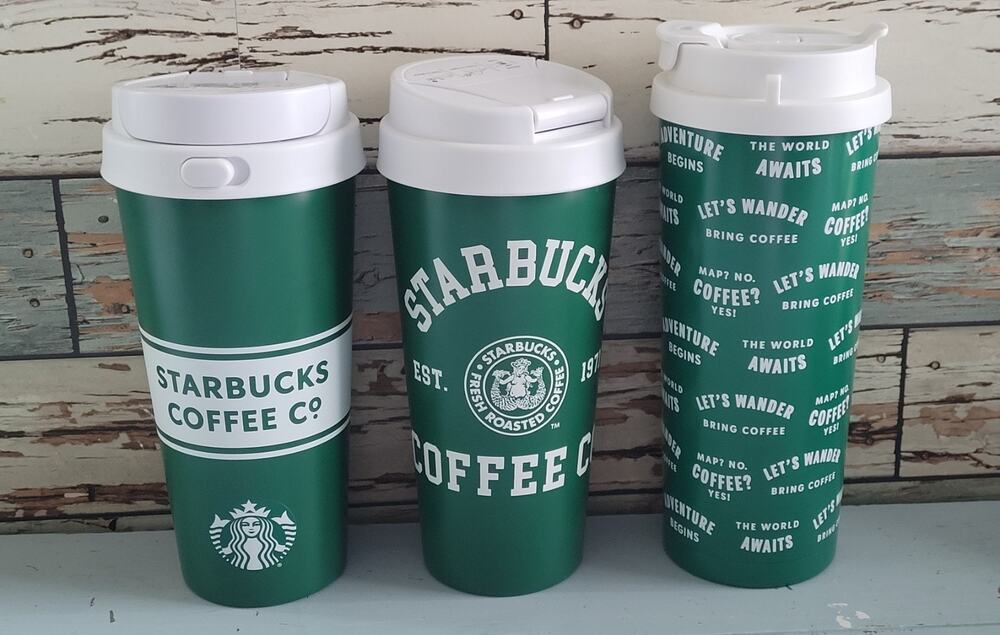 Starbucks Green Travel Tumbler Coffee Cup Lot of 3 Reusable Cups w Lids